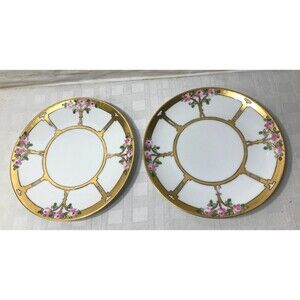 Vtg. 2 Thomas Bavaria Acme Studios Floral Flower Gold Gilt 8 1/4" Plates Dinner
